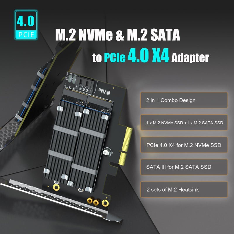GLOTRENDS PA12-HS Dual M.2 SSD PCIe X4 Adapter with Heatsink for One M.2 NVMe SSD and One M.2 SATA SSD, Support PCIe 4.0 SSD and OS Boot from M.2 NVMe SSD - Image 2